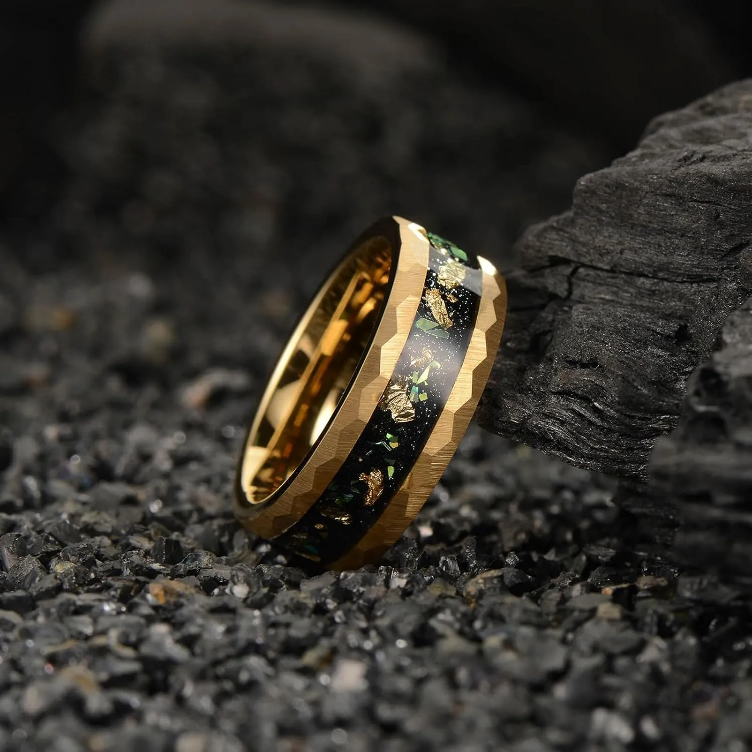 8mm Men's Tungsten Carbide Ring Gold/Black Hammered Meteorite Shavings Gold Foil Inlay Galaxy Nebula Green Opal Engagement Wedding Ring Matte Finish Comfortable Fit