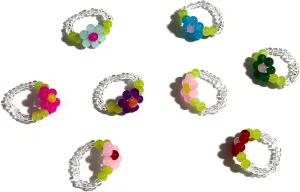 8pcs Boho Handmade Beaded Daisy Flower Rings Set Cute Vintage Colorful Transparent Glass Beads Aesthetic Stretch Finger Rings for Women Holiday Bohemian Jewelry