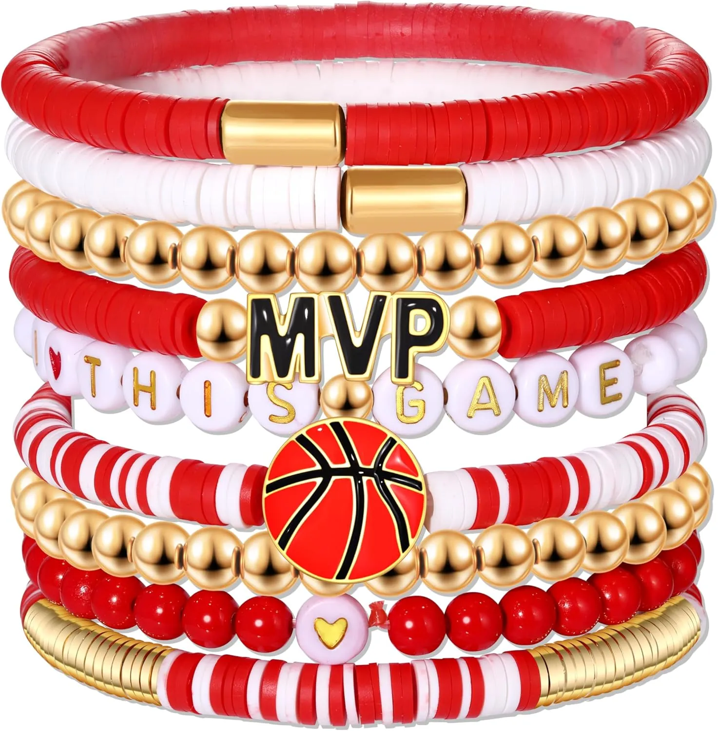 9 Pack Basketball Bracelets Stack Basketball Friendship Bracelets Heishi Beaded Stretch Bracelets Basketball Game Day MVP Sports Fan Bracelets Jewelry Gifts