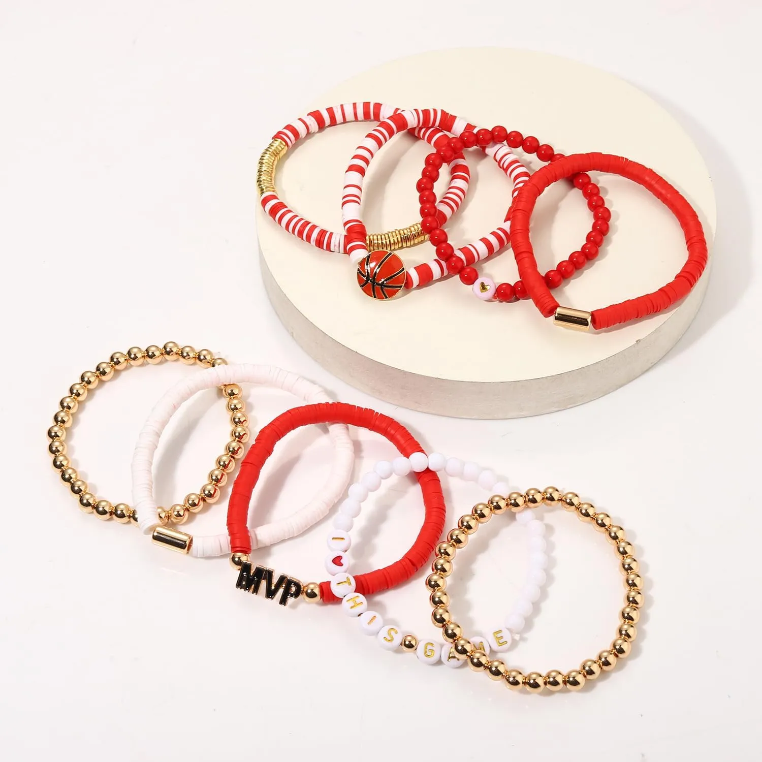 9 Pack Basketball Bracelets Stack Basketball Friendship Bracelets Heishi Beaded Stretch Bracelets Basketball Game Day MVP Sports Fan Bracelets Jewelry Gifts