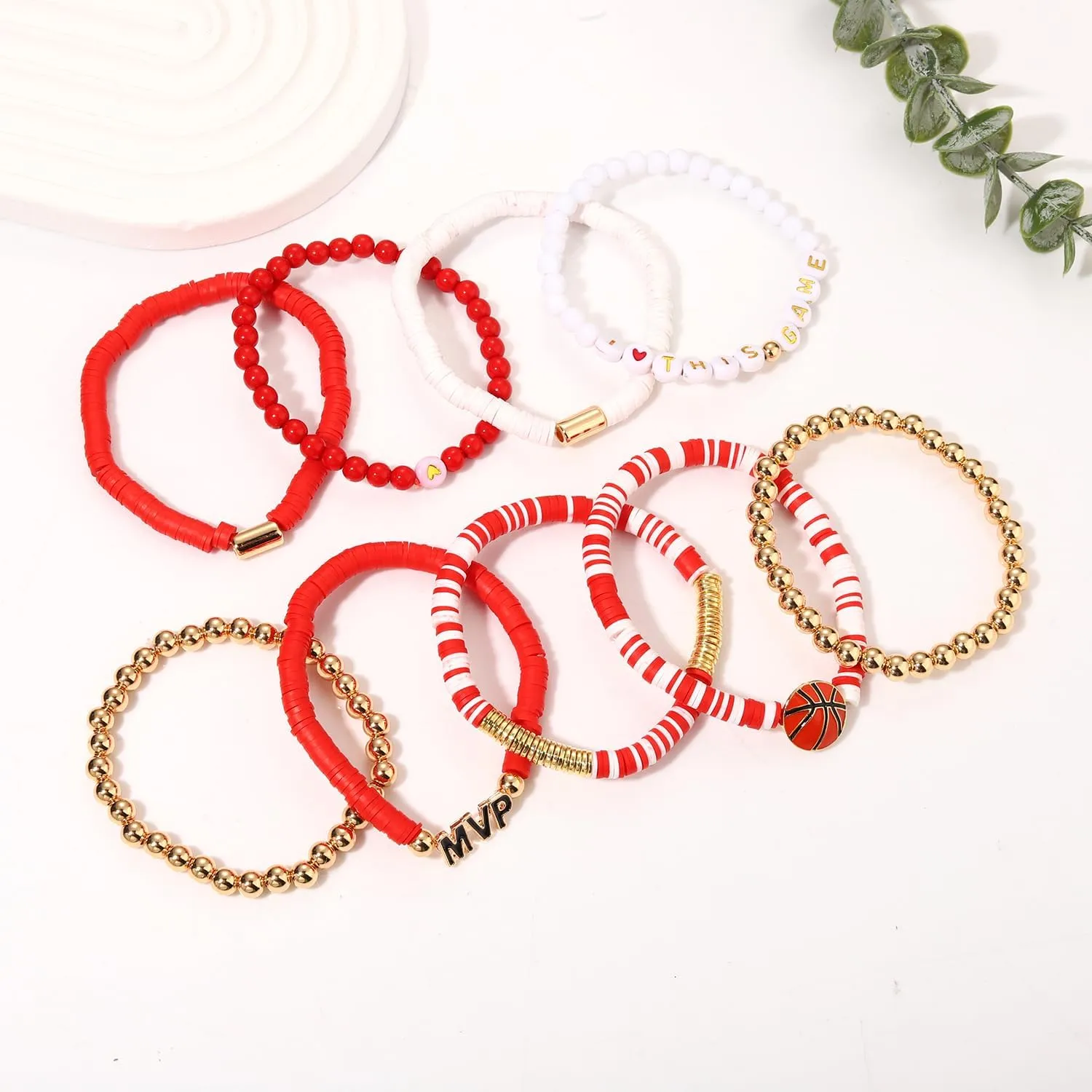 9 Pack Basketball Bracelets Stack Basketball Friendship Bracelets Heishi Beaded Stretch Bracelets Basketball Game Day MVP Sports Fan Bracelets Jewelry Gifts
