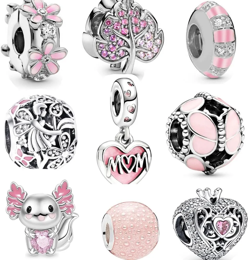 9 Pack Silver Bead Charms for Pandora Bracelets and Necklaces Charm for Woman Cubic Zirconias Dangle Pendant Jewelry Beads Set