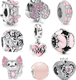 9 Pack Silver Bead Charms for Pandora Bracelets and Necklaces Charm for Woman Cubic Zirconias Dangle Pendant Jewelry Beads Set