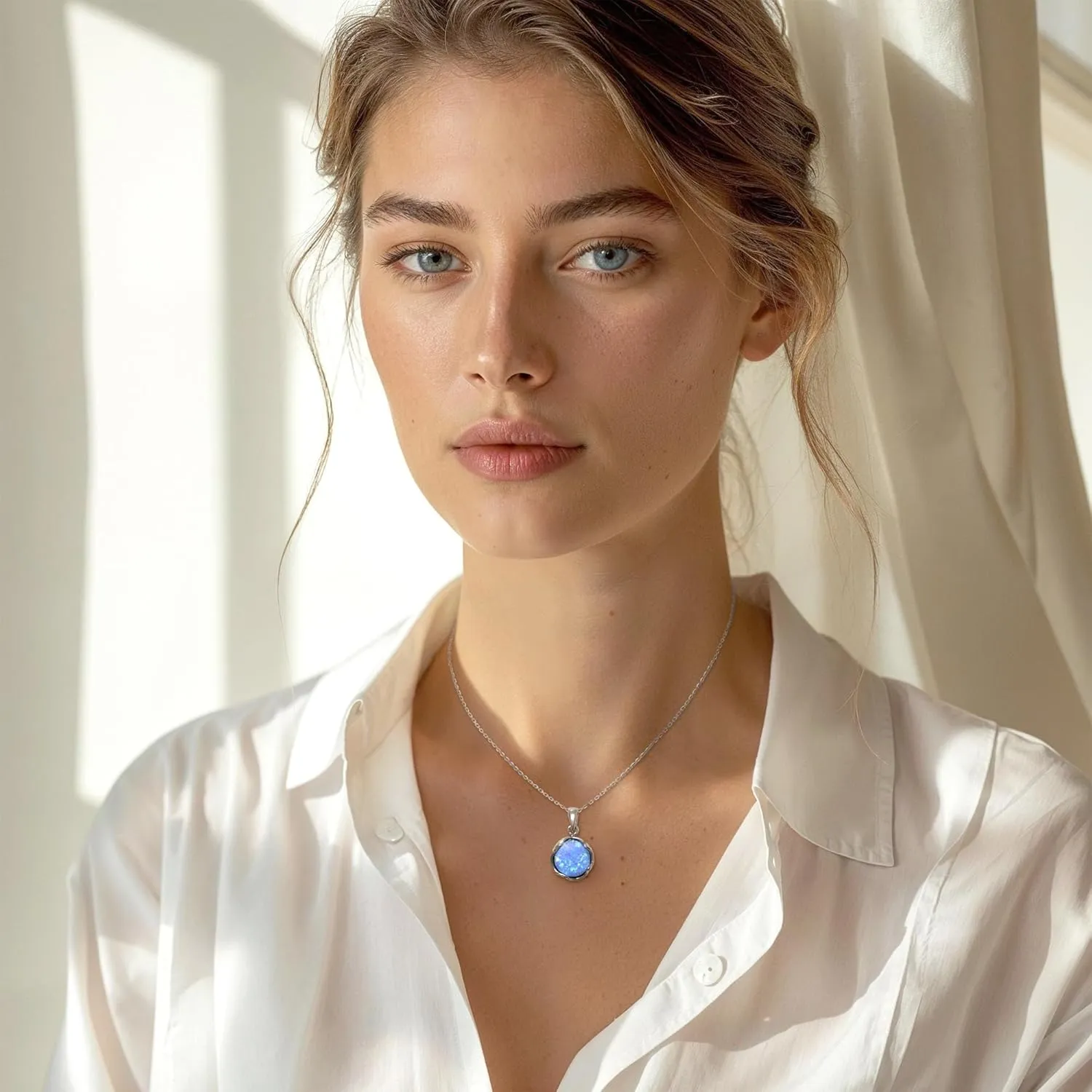 925 Sterling Silver Blue Opal Necklace Women - Blue Opal Pendant Necklace Silver- October Birthstone Necklace - Silver Jewelry for Women- Minimalist Jewelry- Birthstone Necklaces