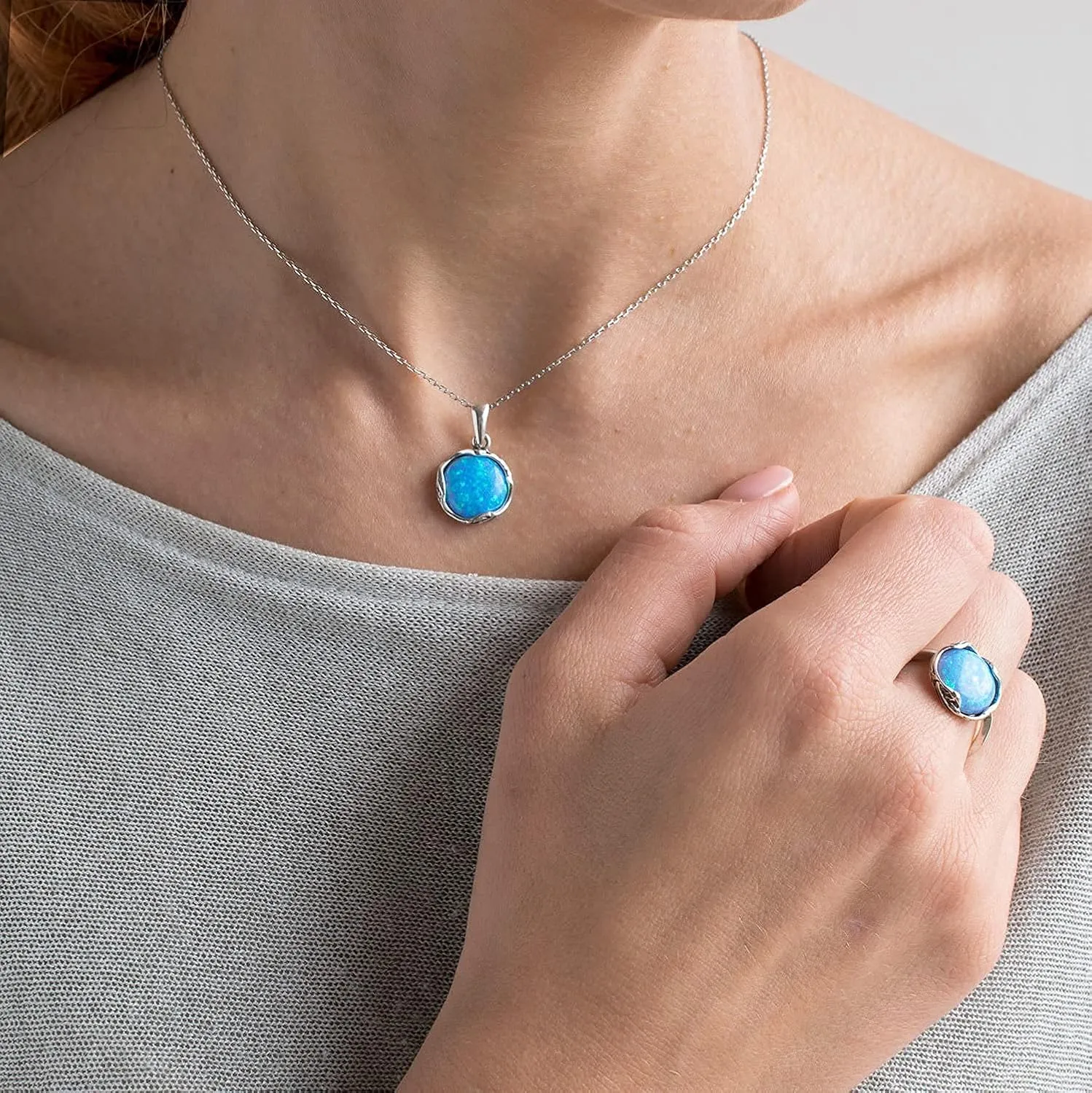 925 Sterling Silver Blue Opal Necklace Women - Blue Opal Pendant Necklace Silver- October Birthstone Necklace - Silver Jewelry for Women- Minimalist Jewelry- Birthstone Necklaces