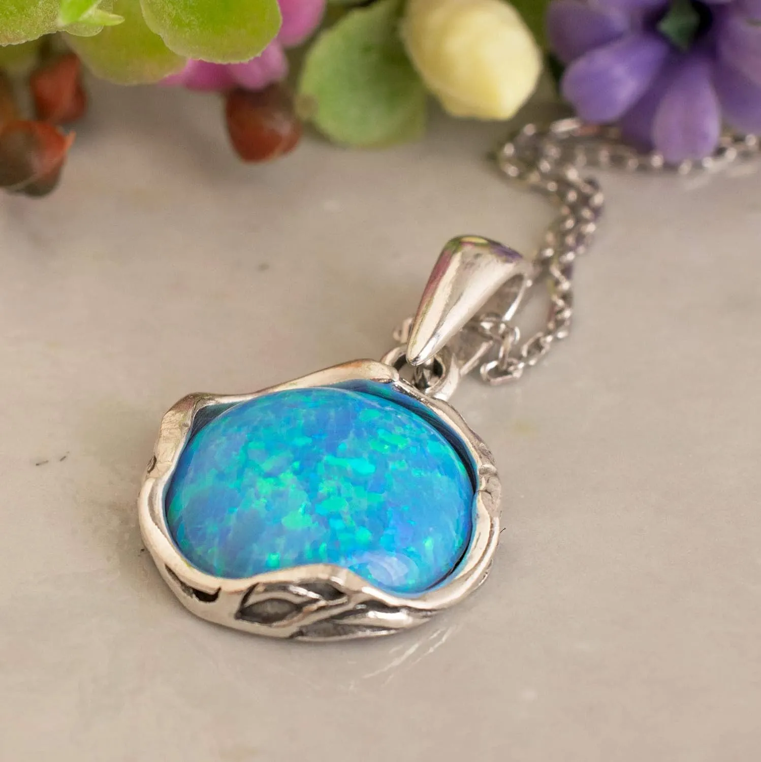 925 Sterling Silver Blue Opal Necklace Women - Blue Opal Pendant Necklace Silver- October Birthstone Necklace - Silver Jewelry for Women- Minimalist Jewelry- Birthstone Necklaces