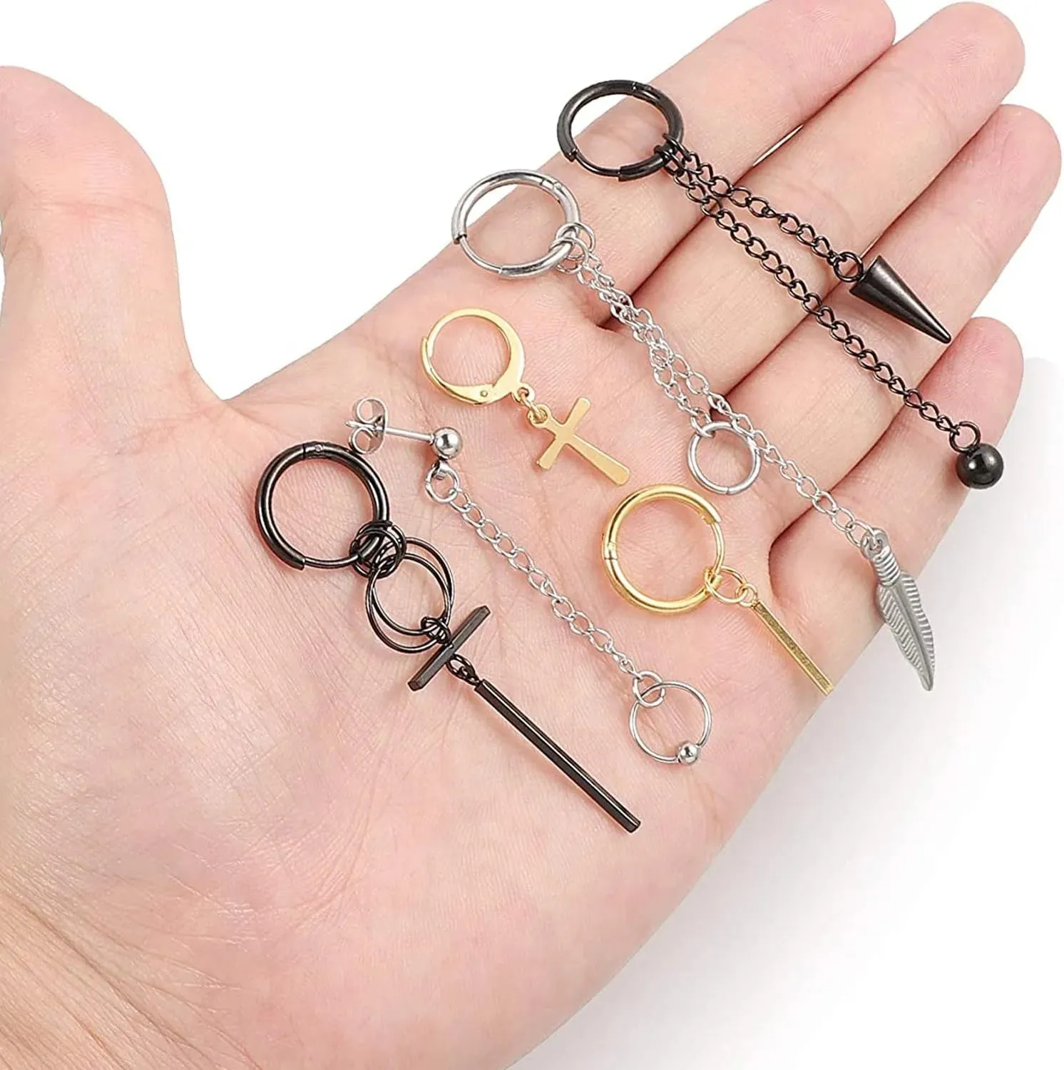 925 Sterling Silver Edgy Earrings For Men And Women, 14K Filled Gold 1 Pieces Hinged Hoop Dangle Earrings Huggie Hoop Earrings Long Chain Pendant Earrings, Goth Earrings, Grunge Earrings