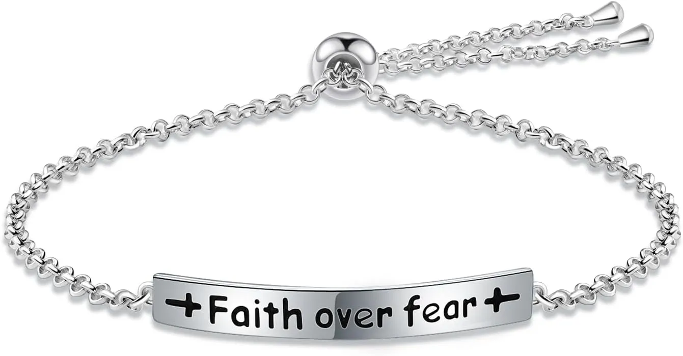 925 Sterling Silver Faith Cross Bracelets Dont Let The Hard Days Win Bracelets / Let Go and Let God Bracelets/ Faith Over Fear Bracelets Inspiration Jewelry Message Bracelets Religious Bar Bracelets Gift (Faith Over Fear)