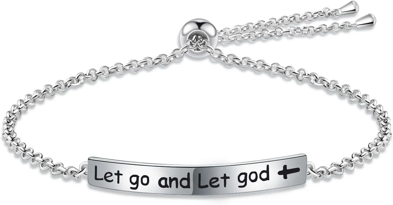 925 Sterling Silver Faith Cross Bracelets Dont Let The Hard Days Win Bracelets / Let Go and Let God Bracelets/ Faith Over Fear Bracelets Inspiration Jewelry Message Bracelets Religious Bar Bracelets Gift (Let Go and Let God)