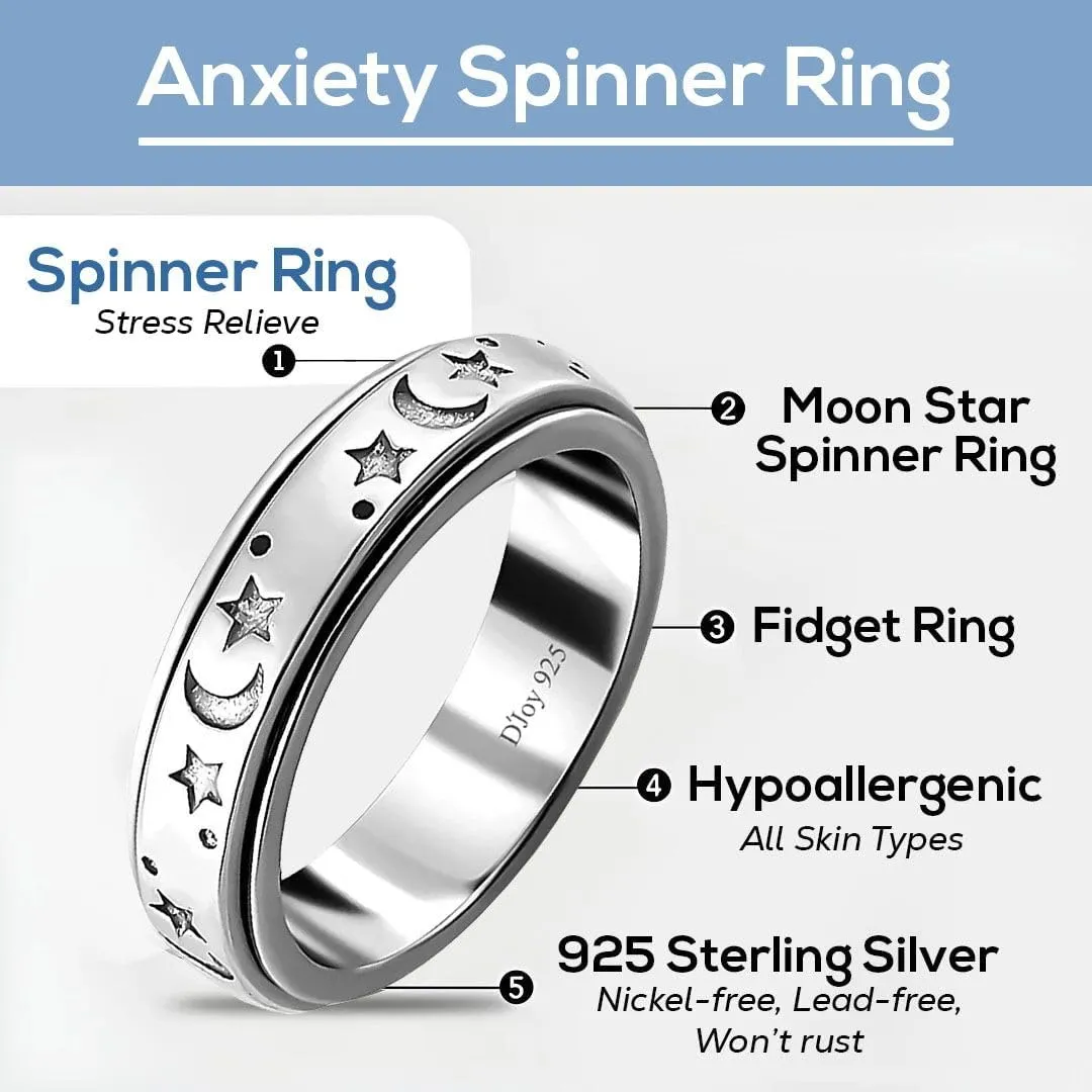 925 Sterling Silver Fidget Ring Spinner Moon Star Anxiety Ring for Women Men Platinum Plated Jewelry Stress Anxiety Relief Items Promise Engagement Wedding Band Birthday Gifts for Women