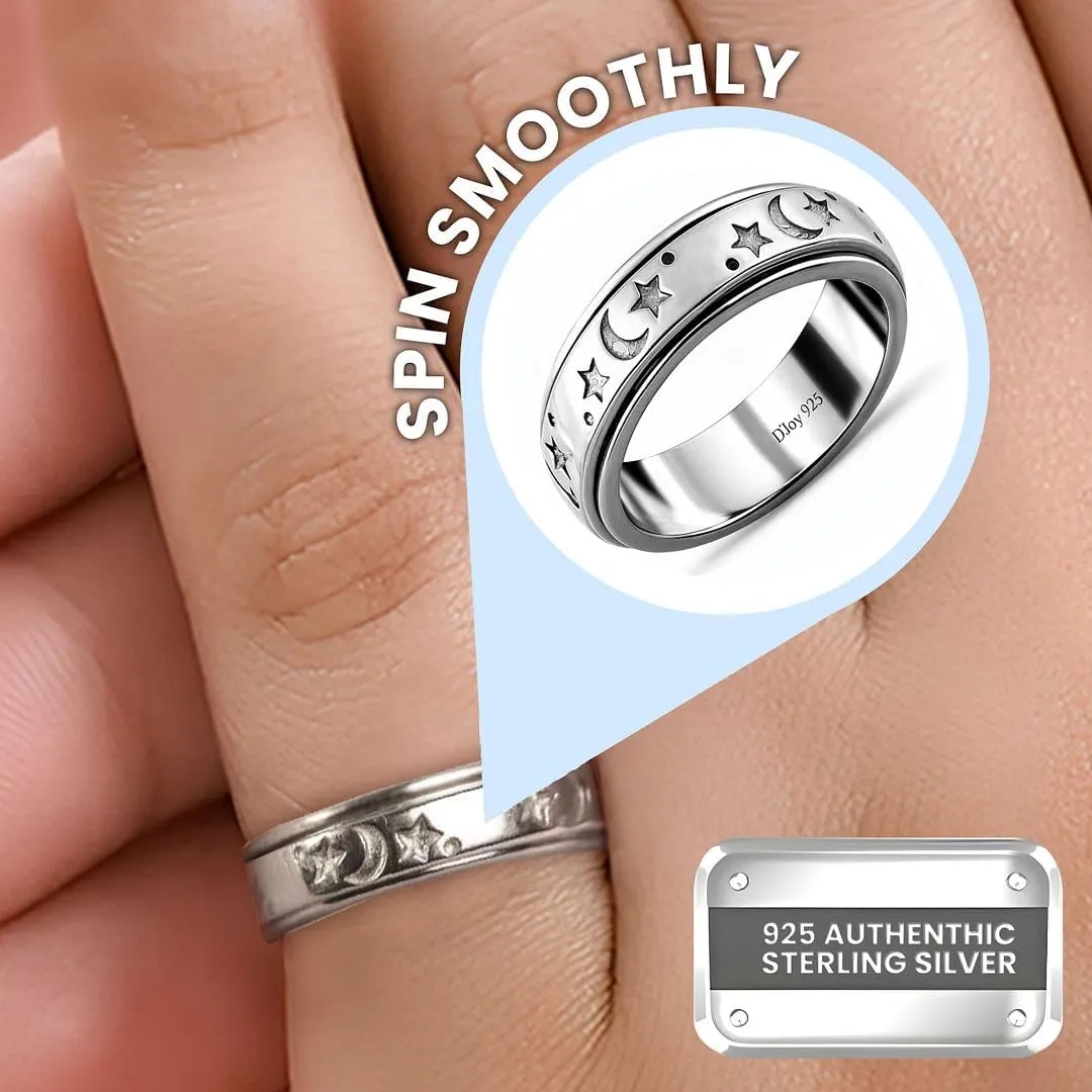 925 Sterling Silver Fidget Ring Spinner Moon Star Anxiety Ring for Women Men Platinum Plated Jewelry Stress Anxiety Relief Items Promise Engagement Wedding Band Birthday Gifts for Women