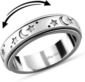 925 Sterling Silver Fidget Ring Spinner Moon Star Anxiety Ring for Women Men Platinum Plated Jewelry Stress Anxiety Relief Items Promise Engagement Wedding Band Birthday Gifts for Women