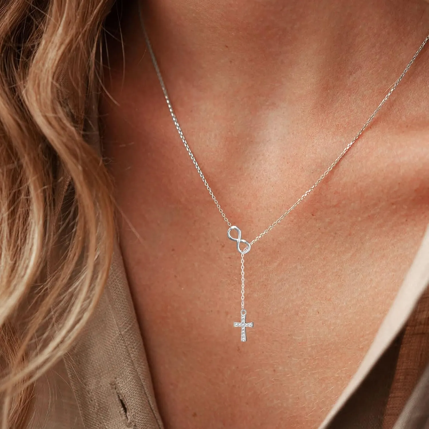 925 Sterling Silver Infinity Cross Necklace 18K White Gold Plated Small Danity Cross Necklace Confirmation Baptism Easter Religious Christian Gifts for Women Mom Sister Daughter Friend Niece