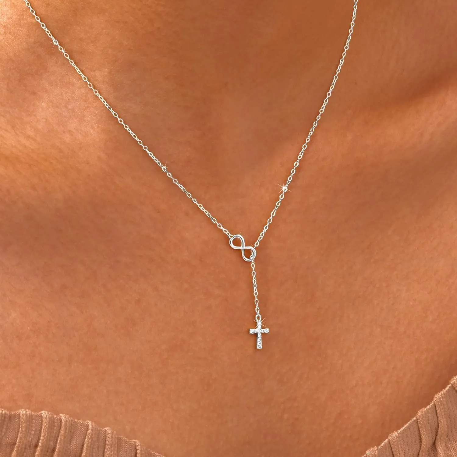 925 Sterling Silver Infinity Cross Necklace 18K White Gold Plated Small Danity Cross Necklace Confirmation Baptism Easter Religious Christian Gifts for Women Mom Sister Daughter Friend Niece