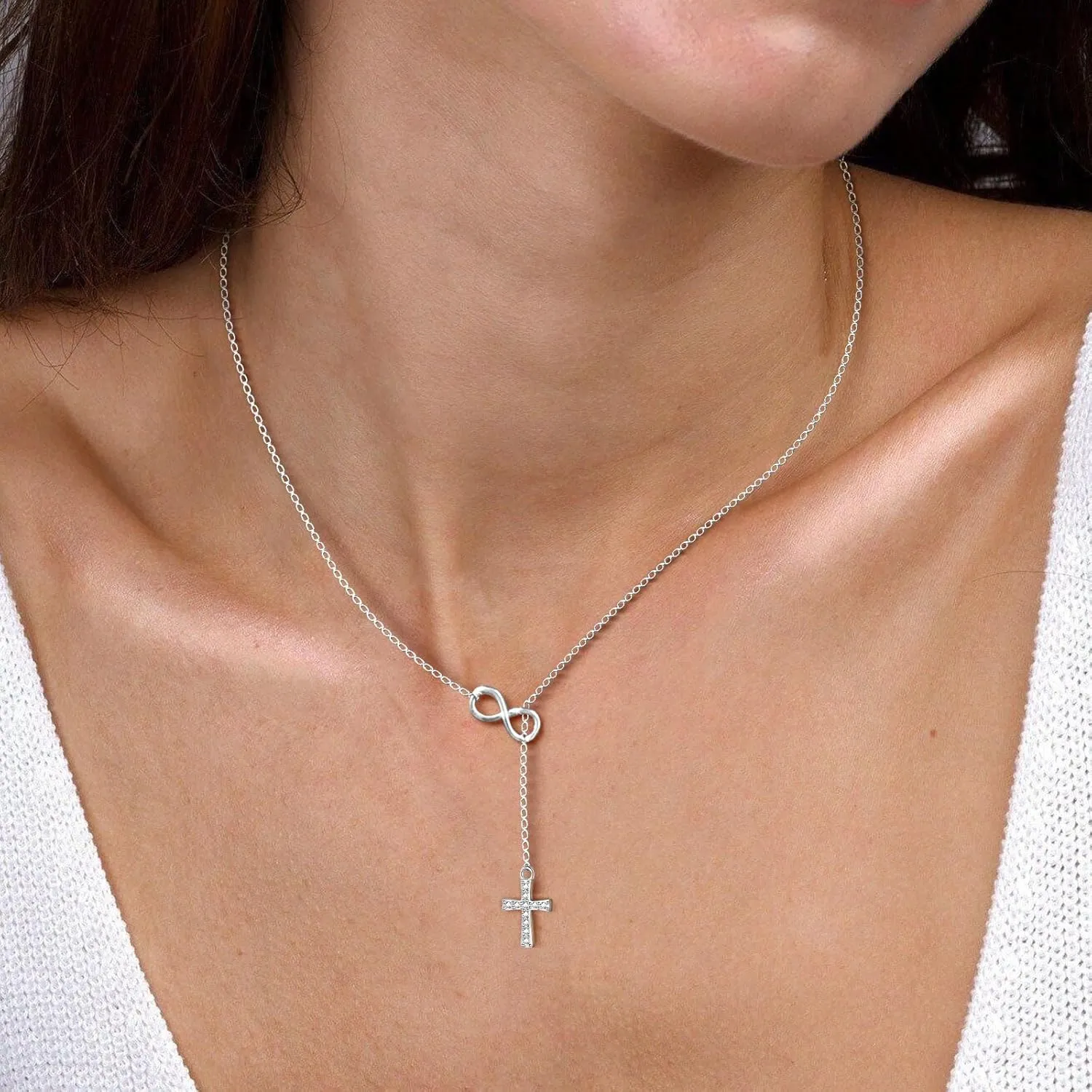 925 Sterling Silver Infinity Cross Necklace 18K White Gold Plated Small Danity Cross Necklace Confirmation Baptism Easter Religious Christian Gifts for Women Mom Sister Daughter Friend Niece