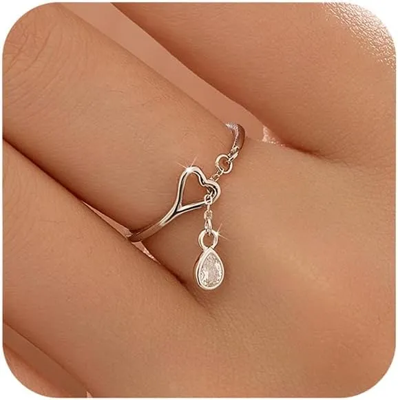 925 Sterling Silver Love Heart Dangle Chain Ring with CZ for Women Cute Adjustable Teardrop Birthstone Crystal Open Finger Knuckle Stacking Ring Promise Eternity Rings Jewelry for Her
