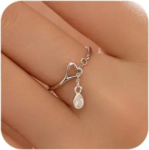 925 Sterling Silver Love Heart Dangle Chain Ring with CZ for Women Cute Adjustable Teardrop Birthstone Crystal Open Finger Knuckle Stacking Ring Promise Eternity Rings Jewelry for Her