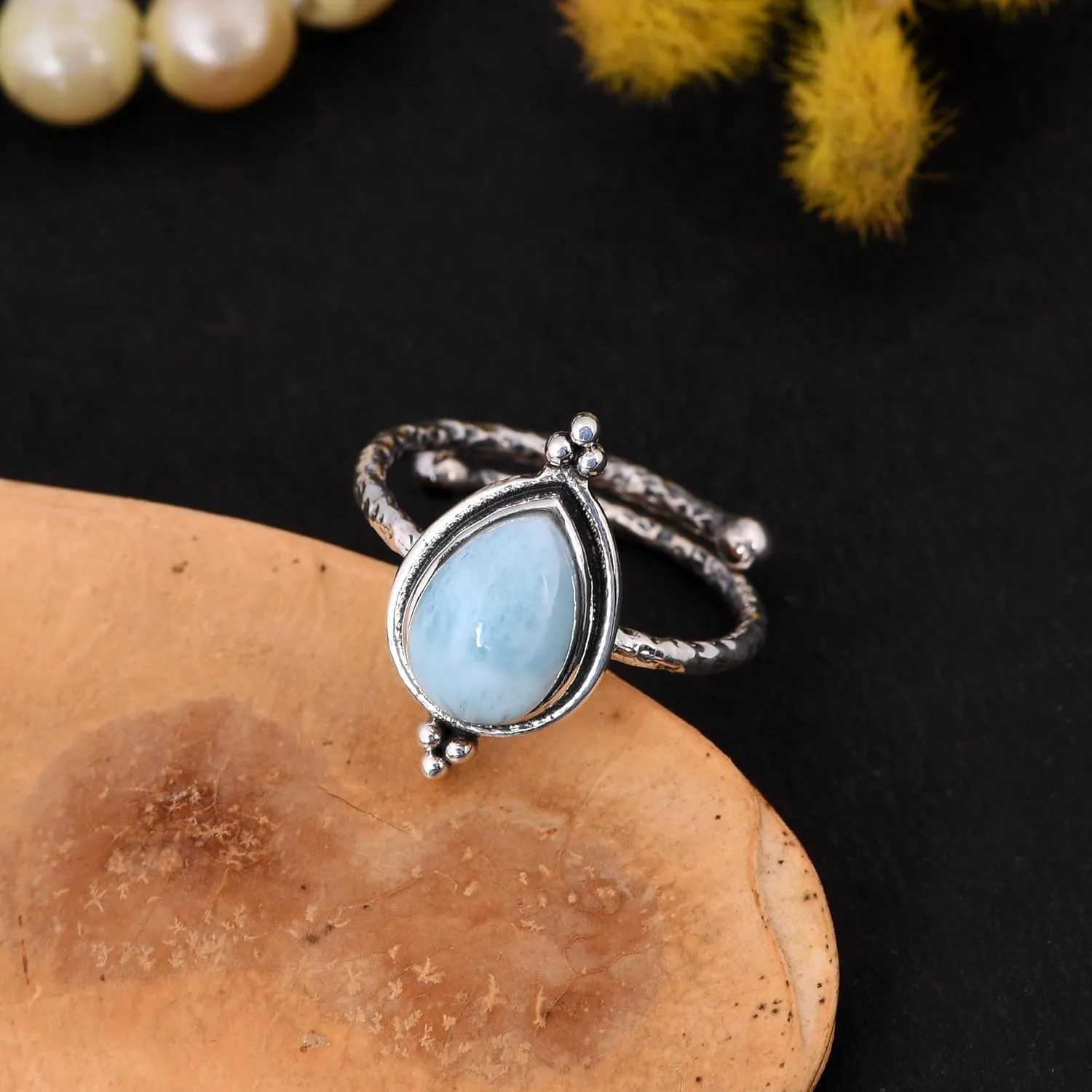 925 Sterling Silver Ring, Hammered Oxidized Adjustable Ring, 7X10mm Natural Pear Shape Gemstone Ring, Ring For Women - Girls, Gemstone Ring Size US 7 (Larimar, 7.5)