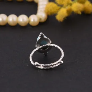925 Sterling Silver Ring, Hammered Oxidized Adjustable Ring, 7X10mm Natural Pear Shape Gemstone Ring, Ring For Women - Girls, Gemstone Ring Size US 7 (Larimar, 7.5)