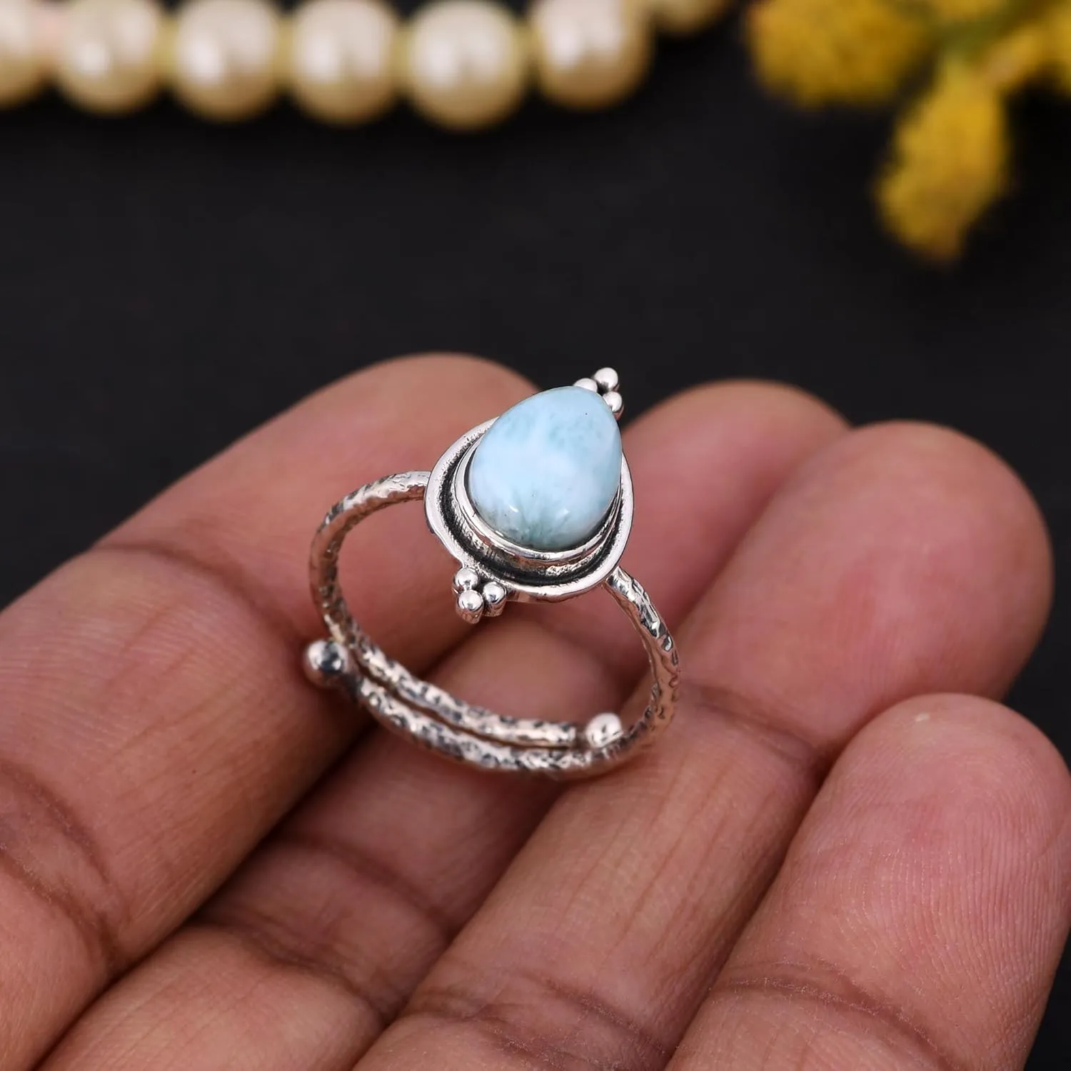 925 Sterling Silver Ring, Hammered Oxidized Adjustable Ring, 7X10mm Natural Pear Shape Gemstone Ring, Ring For Women - Girls, Gemstone Ring Size US 7 (Larimar, 7.5)