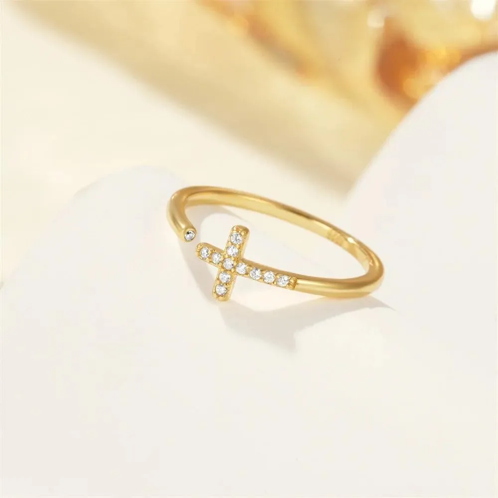 925 Sterling Silver Women Cross Flower Open Rings Korean Zircon Adjustable Finger Rings Couple Rings For Jewelry SSS-0809-AI-4776