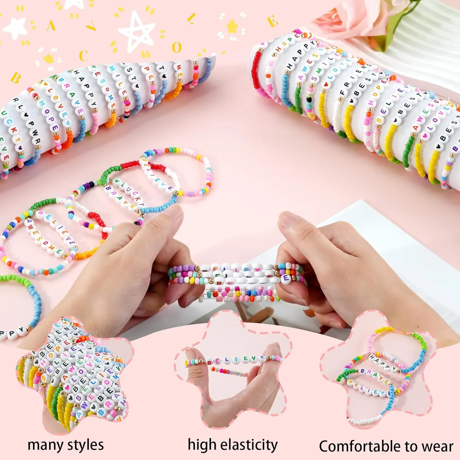 96pcs Friendship Beaded Bracelets Colorful Bracelets Bulk Stretch Bracelets Stackable Boho Bracelets Party Gifts Friends Gifts