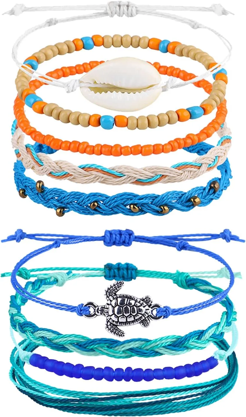 9Pcs Surfer Wave Bracelets Summer Beach Bracelets for Women Adjustable Waterproof Handmade Bracelets Braided String Bracelets Friendship Bracelets Boho Wave Anklet Bracelets for Women