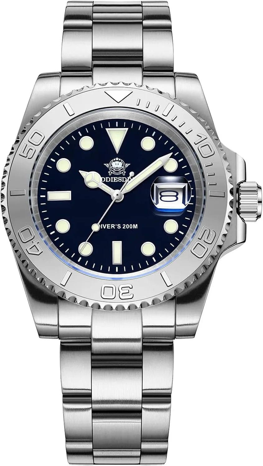 ADDIESDIVE 41 MM Quartz Dive Watch for Men Waterproof 200 M Brushed Stainless Steel Band Luminous Dial