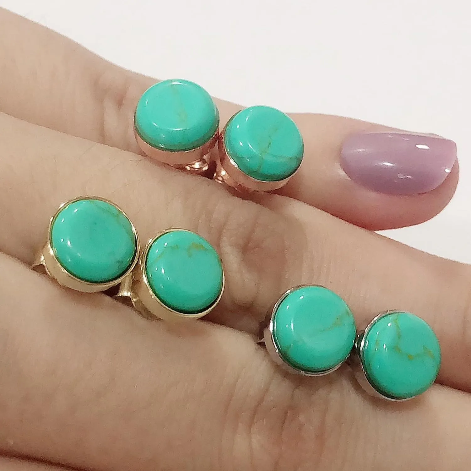 AFFY Bezel Set Turquoise, Round Dome Button, Oval Stud Earring's And Overlaid With 14k Gold Over Sterling Silver Birthstone Jewelry For Women, Gift For Her