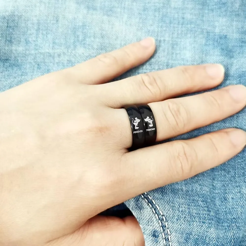 AJZYX Forever Together Rings for Couples Mickey Minnie's Kiss Promise Engagement Wedding Band for Him and Her 6mm Black Stainless Steel Comfort Fit Band