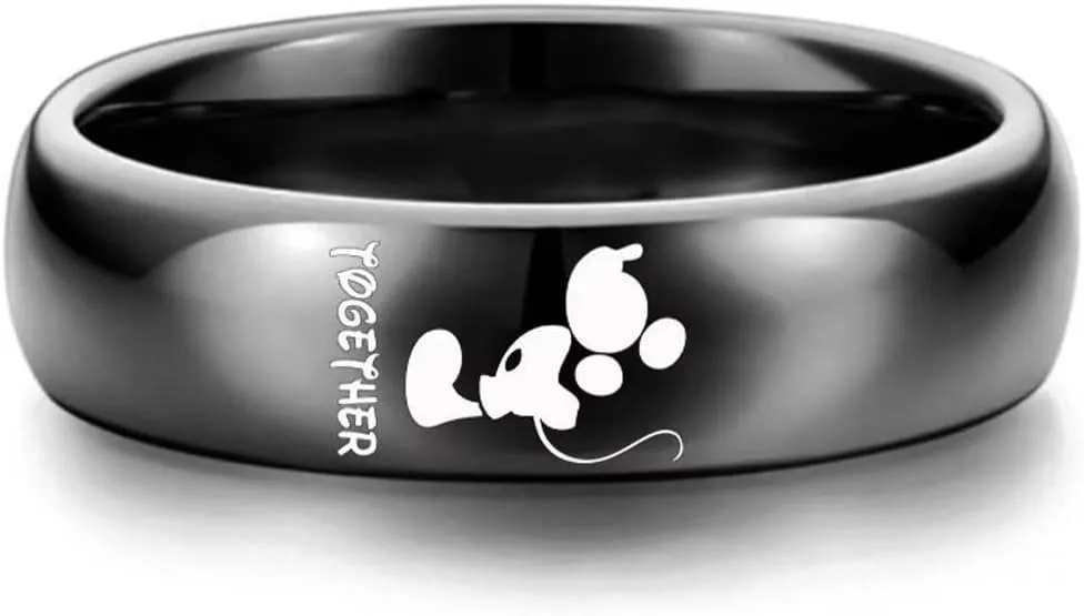 AJZYX Forever Together Rings for Couples Mickey Minnie's Kiss Promise Engagement Wedding Band for Him and Her 6mm Black Stainless Steel Comfort Fit Band
