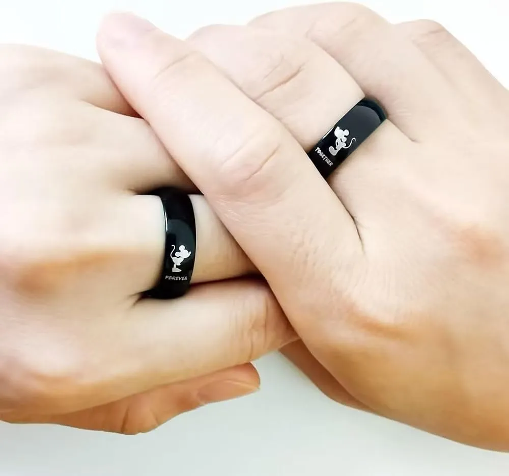 AJZYX Forever Together Rings for Couples Mickey Minnie's Kiss Promise Engagement Wedding Band for Him and Her 6mm Black Stainless Steel Comfort Fit Band