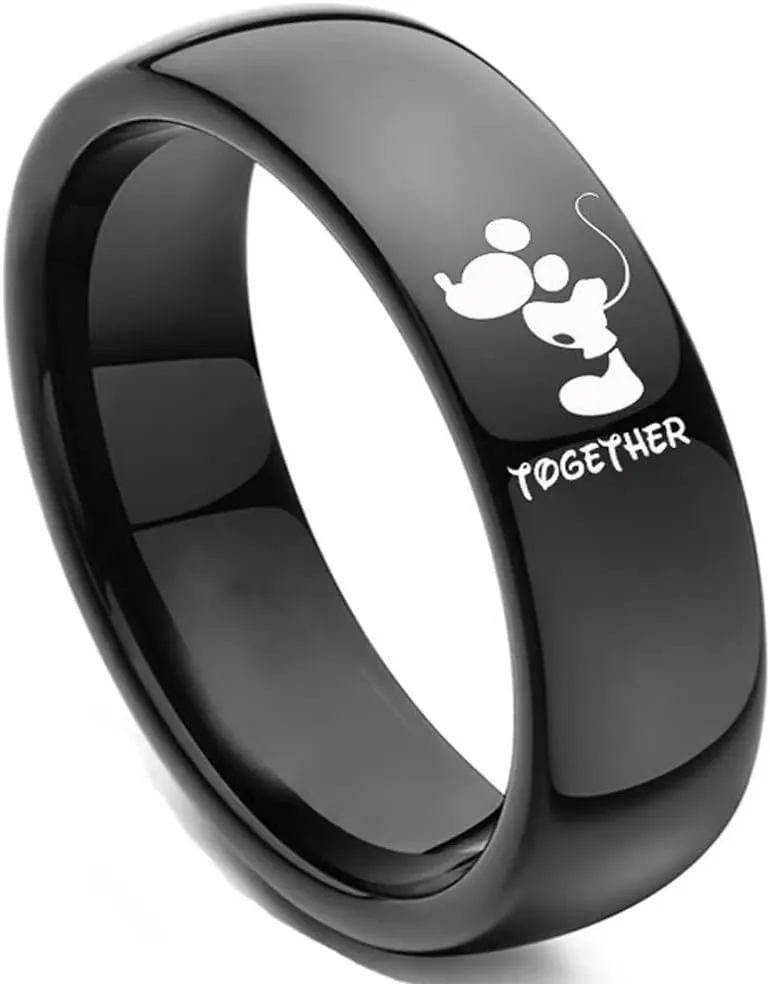 AJZYX Forever Together Rings for Couples Mickey Minnie's Kiss Promise Engagement Wedding Band for Him and Her 6mm Black Stainless Steel Comfort Fit Band