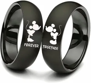 AJZYX Forever Together Rings for Couples Mickey Minnie's Kiss Promise Engagement Wedding Band for Him and Her 6mm Black Stainless Steel Comfort Fit Band