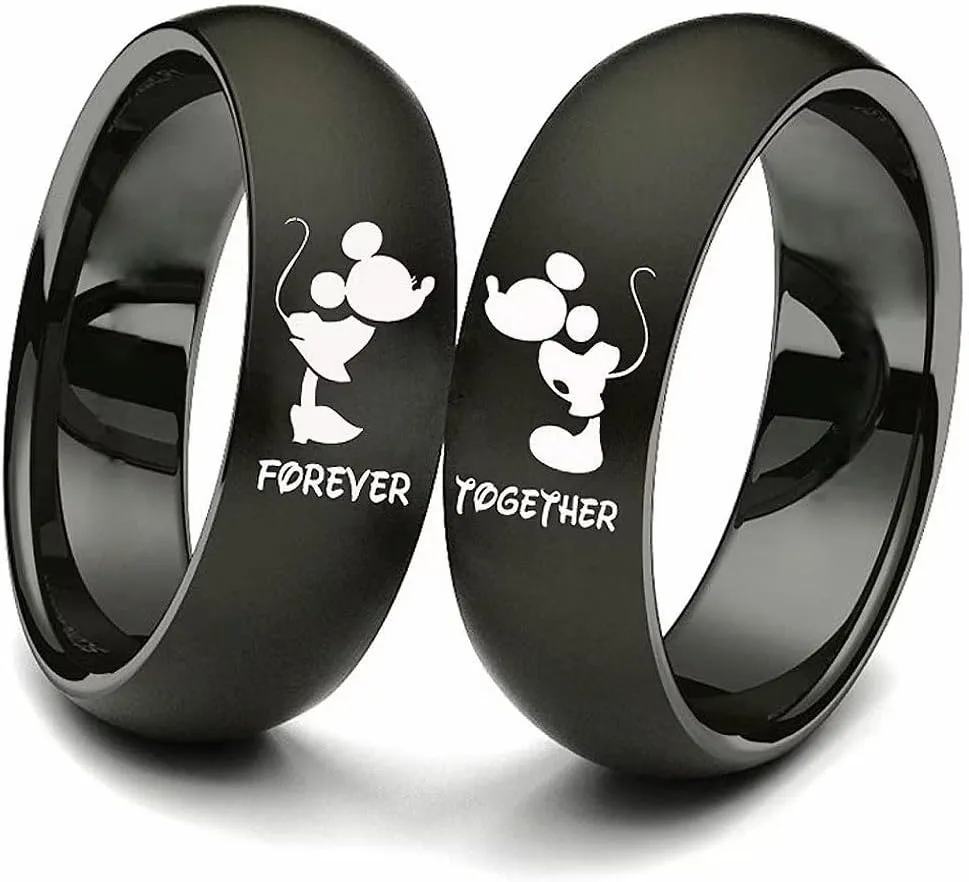 AJZYX Forever Together Rings for Couples Mickey Minnie's Kiss Promise Engagement Wedding Band for Him and Her 6mm Black Stainless Steel Comfort Fit Band