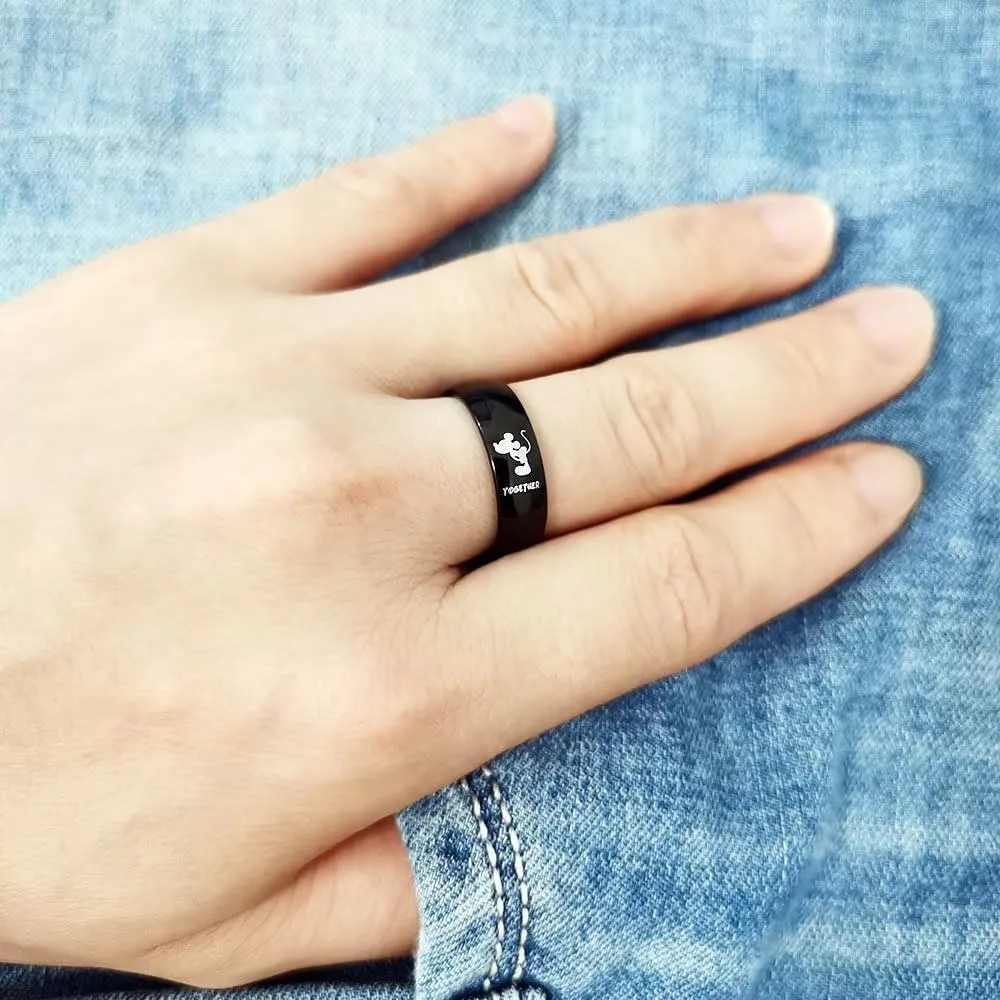 AJZYX Forever Together Rings for Couples Mickey Minnie's Kiss Promise Engagement Wedding Band for Him and Her 6mm Black Stainless Steel Comfort Fit Band
