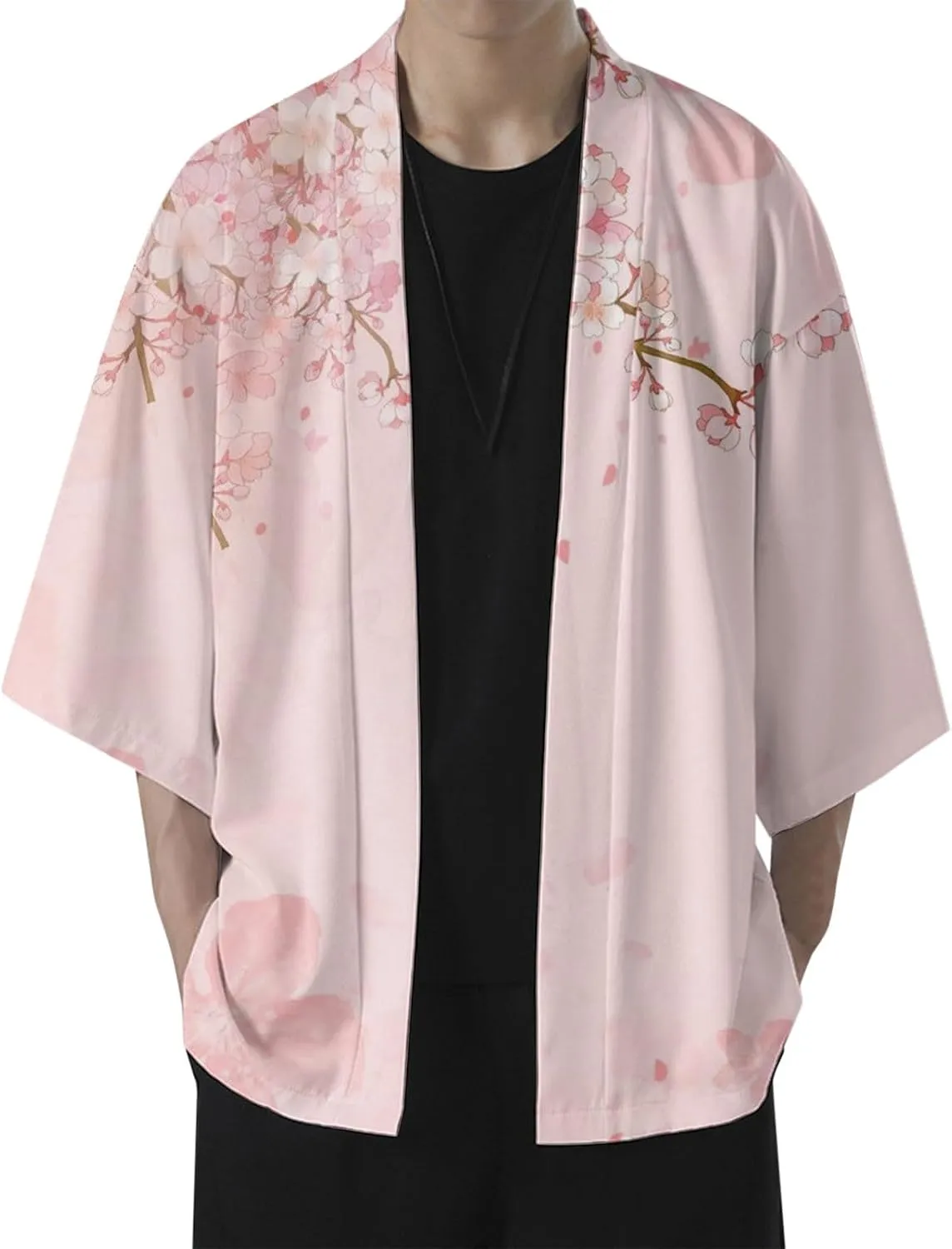 Alalaso Mens Kimono Cardigan Jacket 3/4 Sleeve Open Front Japanese Style Shirts Bathrobe Lightweight Coat Loose Robe