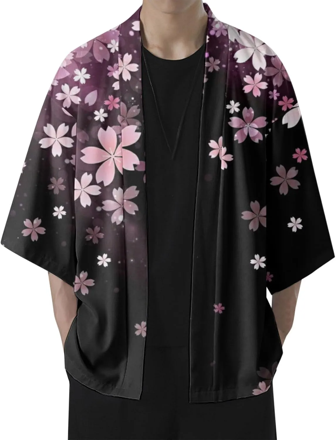 Alalaso Mens Kimono Cardigan Jacket 3/4 Sleeve Open Front Japanese Style Shirts Bathrobe Lightweight Coat Loose Robe