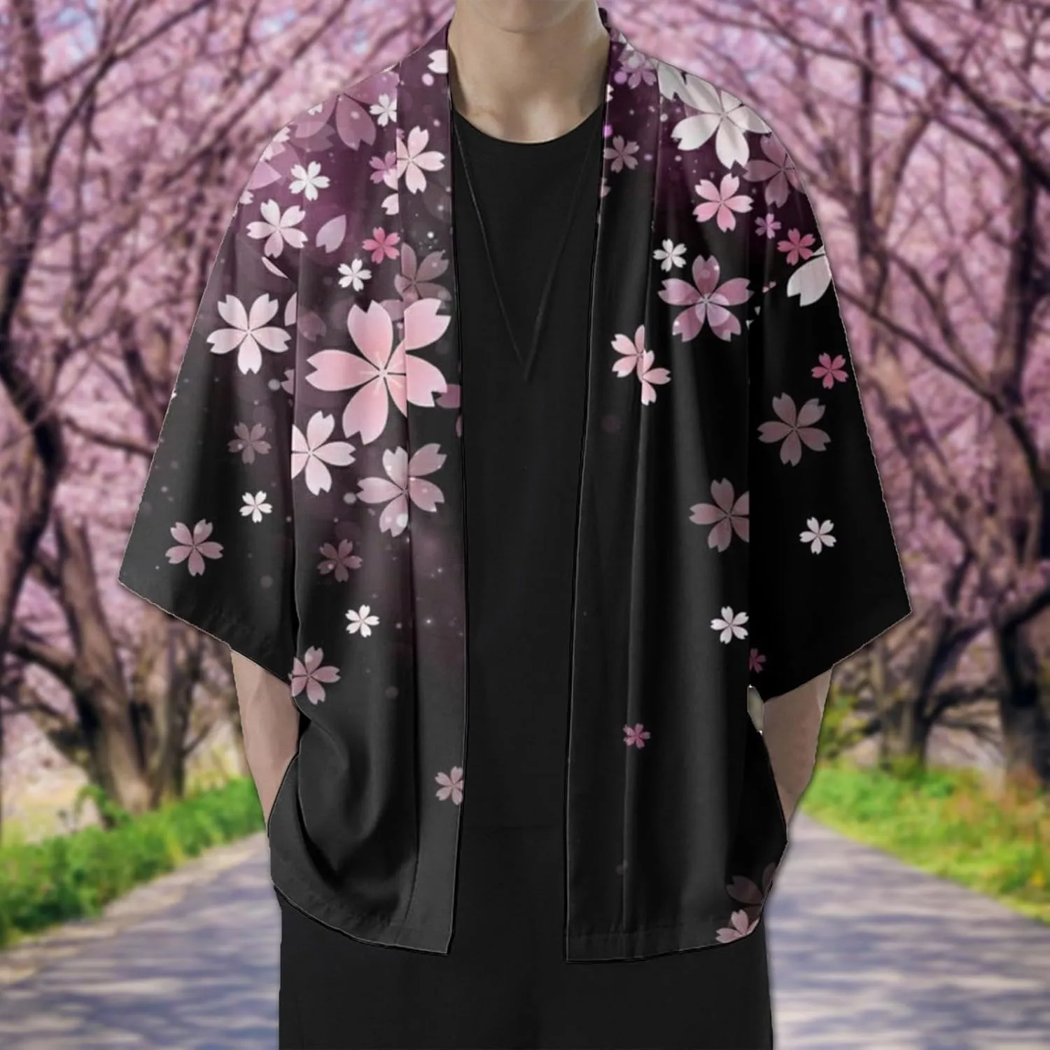 Alalaso Mens Kimono Cardigan Jacket 3/4 Sleeve Open Front Japanese Style Shirts Bathrobe Lightweight Coat Loose Robe