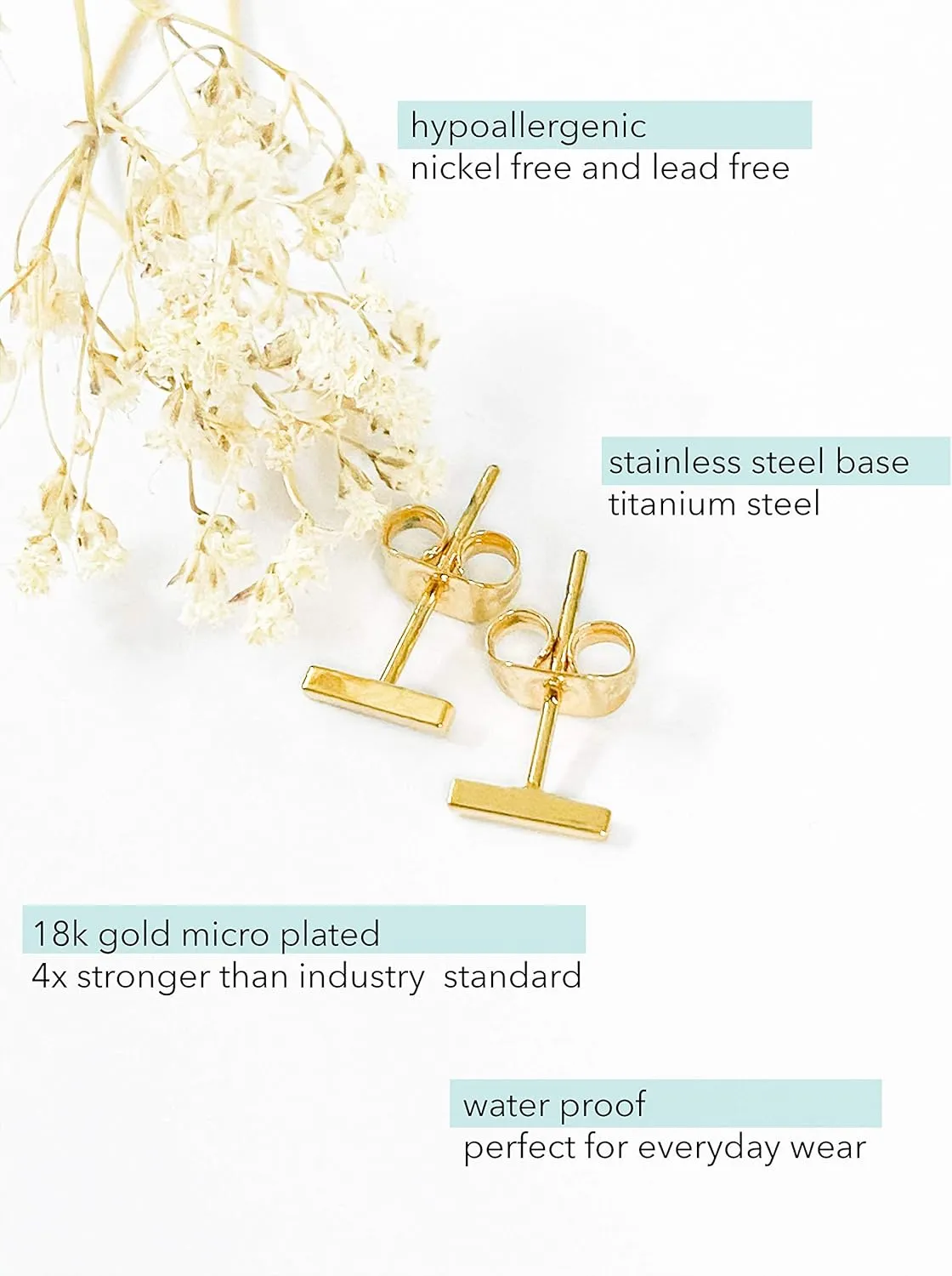 Altitude Boutique 18K Gold or Silver Bar Studs | Small Bar Earrings | Hypoallergenic Stud Earrings for Women | Delicate Jewelry