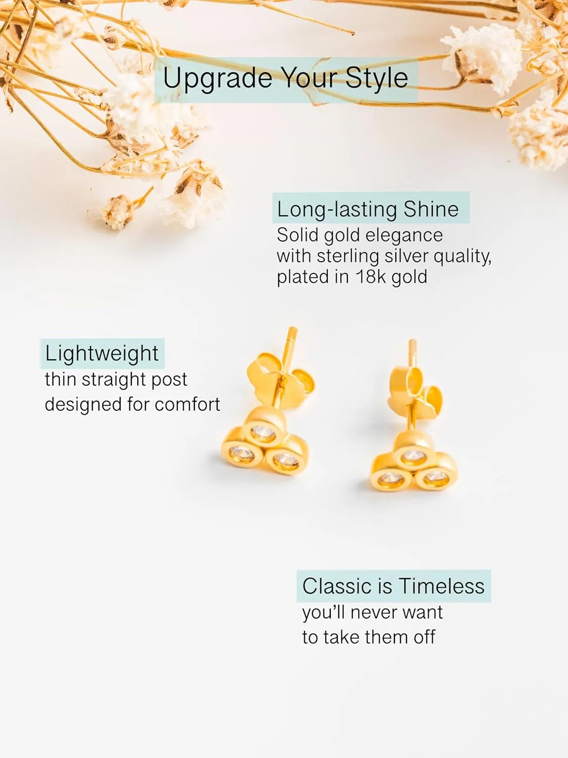 Altitude Boutique Cubic Zirconia Bezel Stud Earrings for Women | Single, Double, or Triple Cz Bezel Studs | 18K Gold or Silver Plated, Delicate, Hypoallergenic Minimalist Earrings