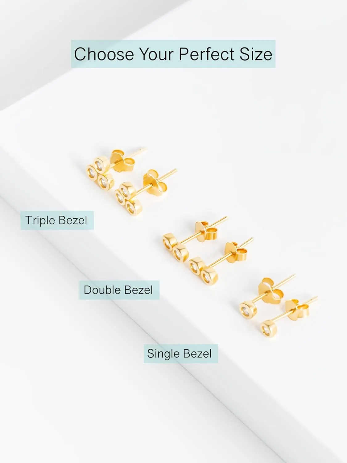 Altitude Boutique Cubic Zirconia Bezel Stud Earrings for Women | Single, Double, or Triple Cz Bezel Studs | 18K Gold or Silver Plated, Delicate, Hypoallergenic Minimalist Earrings