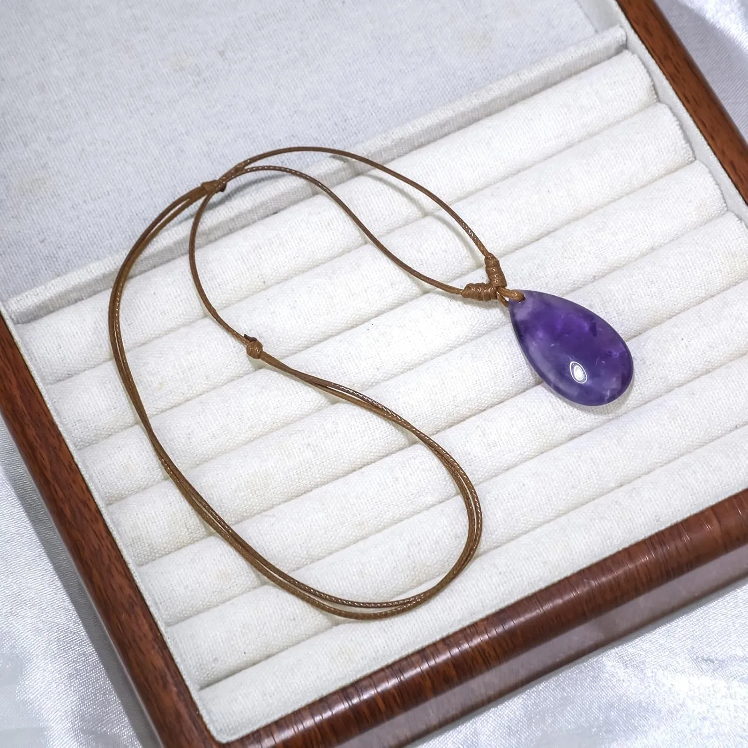 Amethyst Necklace for Women, Teardrop Amethyst Pendant Necklace, Handmade Adjustable Leather Cord Necklace, Purple Amethyst Jewelry for Women Men