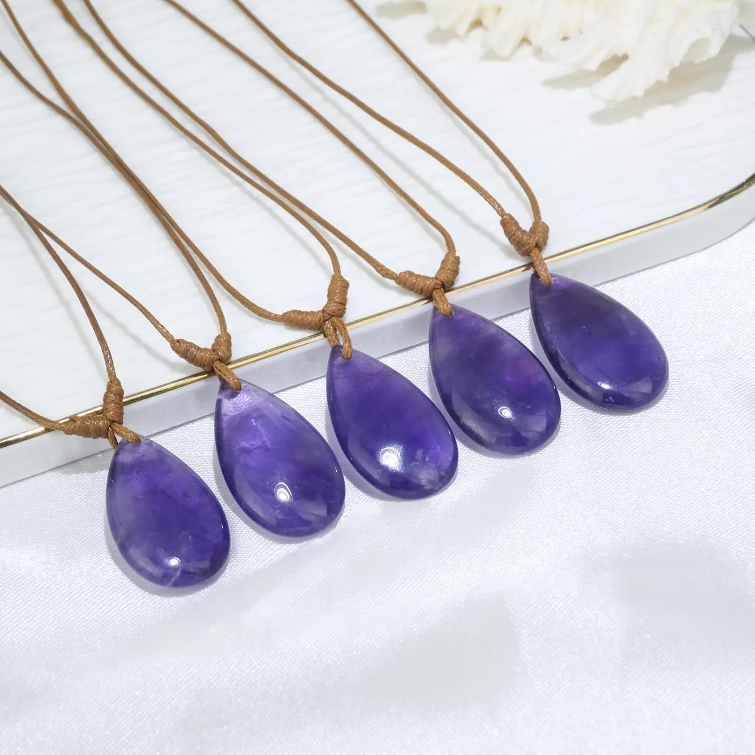 Amethyst Necklace for Women, Teardrop Amethyst Pendant Necklace, Handmade Adjustable Leather Cord Necklace, Purple Amethyst Jewelry for Women Men