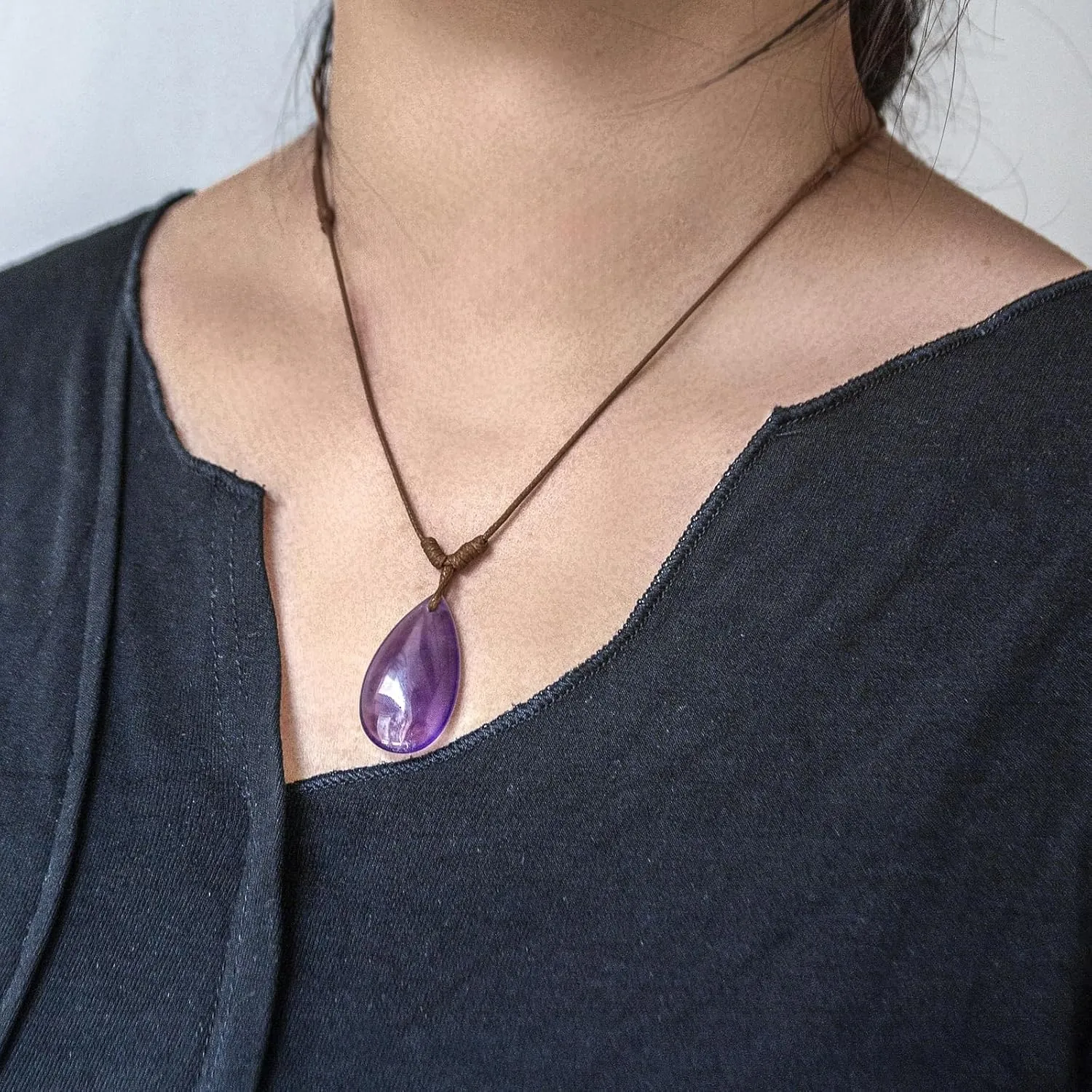 Amethyst Necklace for Women, Teardrop Amethyst Pendant Necklace, Handmade Adjustable Leather Cord Necklace, Purple Amethyst Jewelry for Women Men