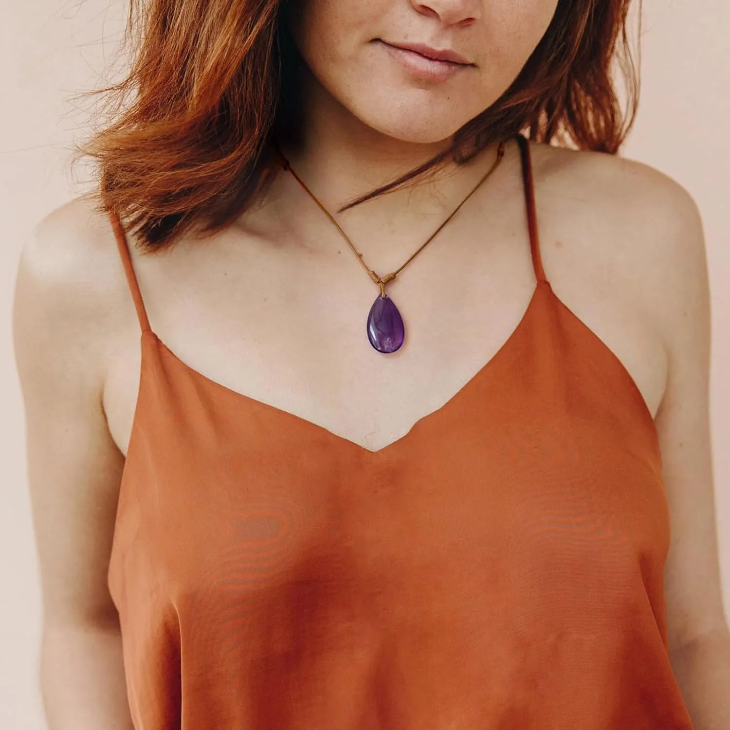 Amethyst Necklace for Women, Teardrop Amethyst Pendant Necklace, Handmade Adjustable Leather Cord Necklace, Purple Amethyst Jewelry for Women Men