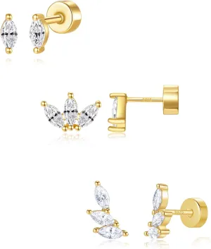 Angelady Flat Back Earrings Set for Women, 14K Gold Plated Flat Back Stud Earring Hypoallergenic, Sterling Silver Cartilage Earrings Helix Piercing Jewelry for Women
