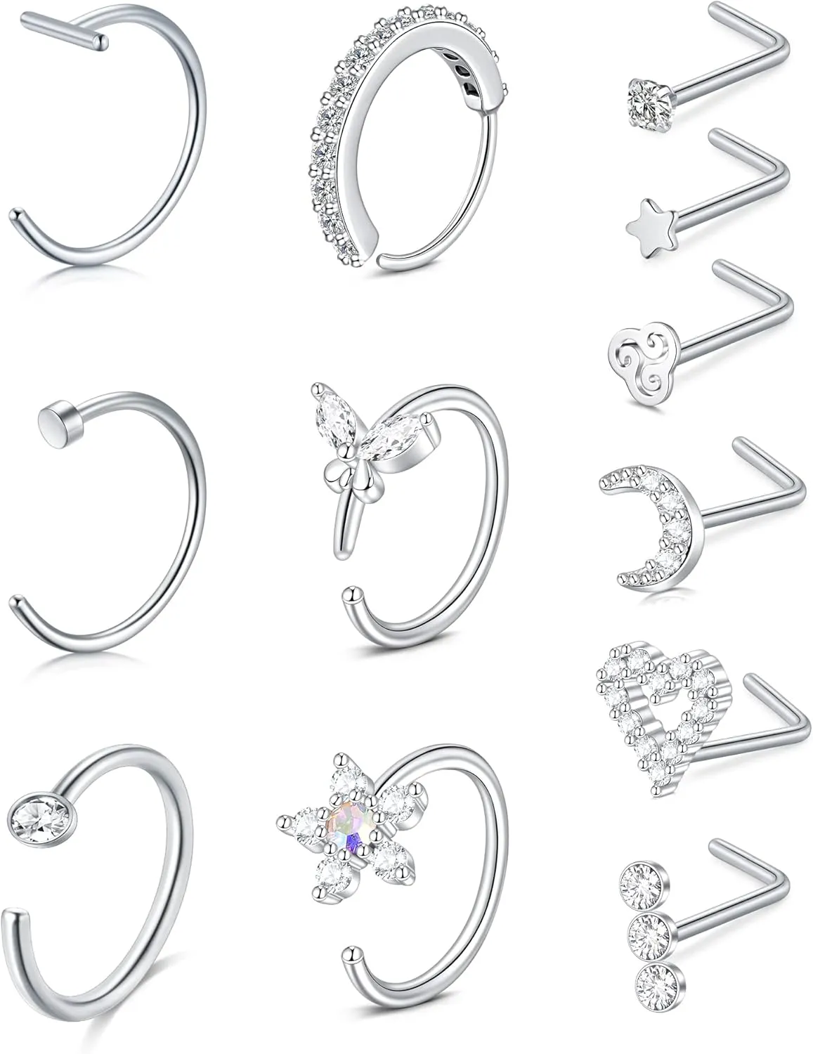 Anicina Nose Rings - 18G Hoops & Studs Piercing Kit - Surgical Steel - L Shape - CZ Heart & Moon Piercings - Silver, Gold, Rose Gold