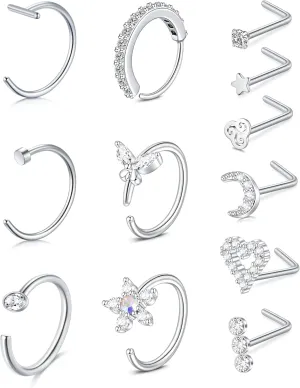 Anicina Nose Rings - 18G Hoops & Studs Piercing Kit - Surgical Steel - L Shape - CZ Heart & Moon Piercings - Silver, Gold, Rose Gold