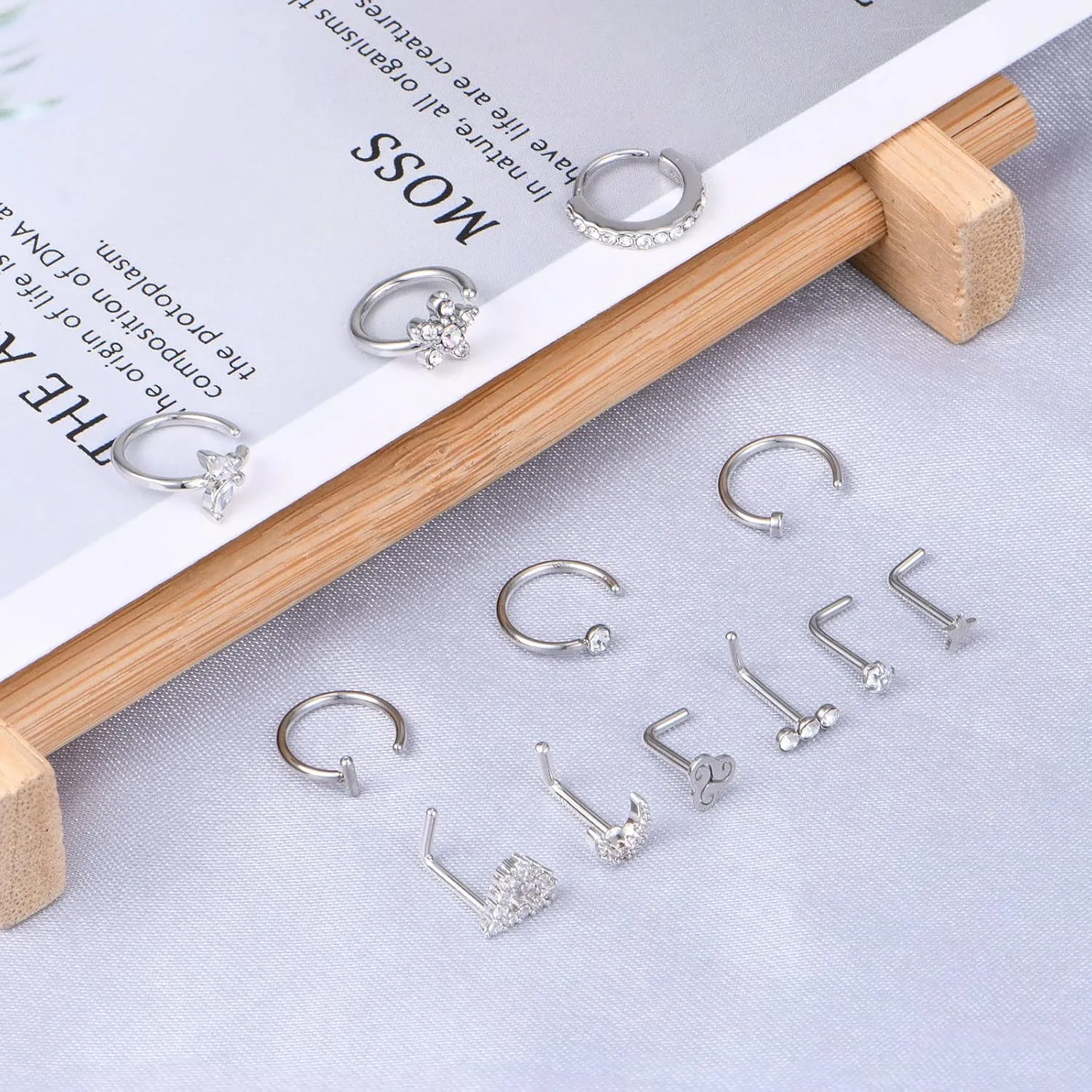 Anicina Nose Rings - 18G Hoops & Studs Piercing Kit - Surgical Steel - L Shape - CZ Heart & Moon Piercings - Silver, Gold, Rose Gold